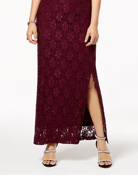 Vestido de noite feminino conectado com renda e lantejoulas, marrom, tamanho 12