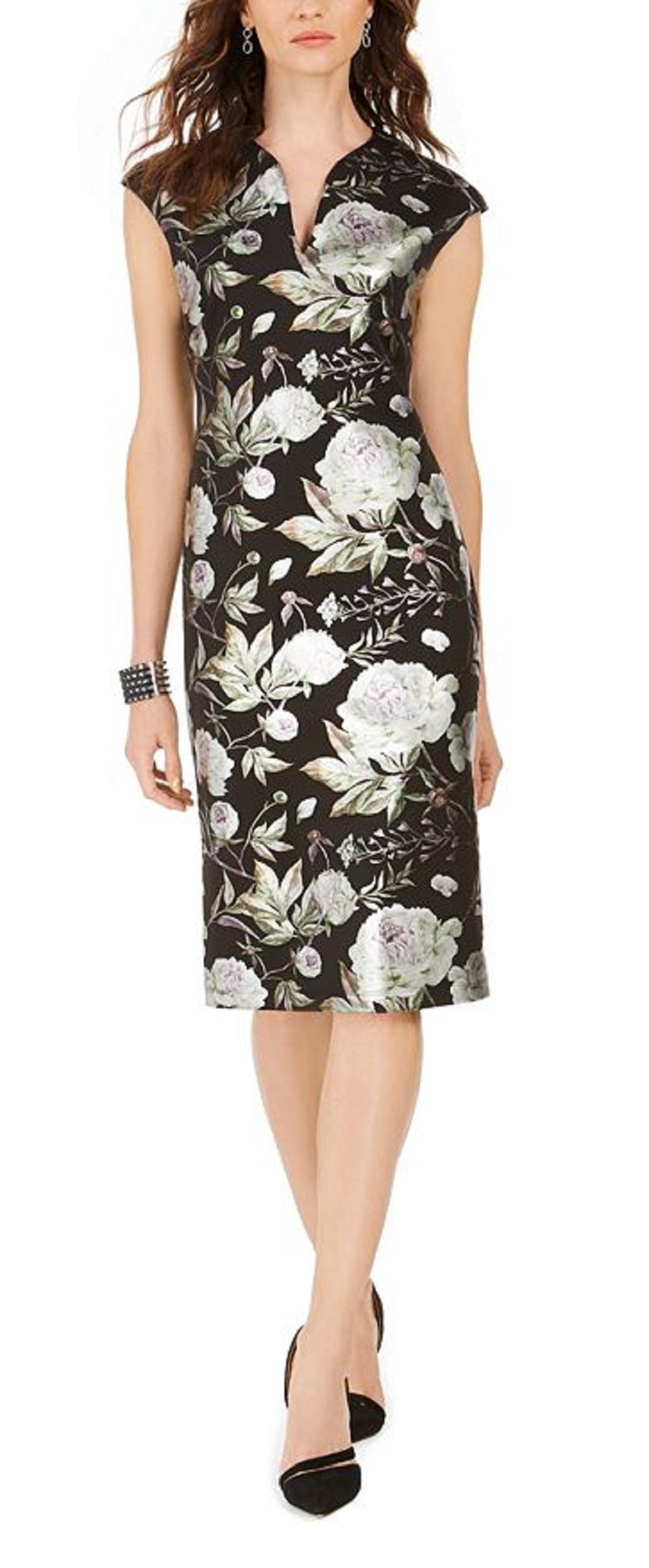 Vestido tubinho feminino com estampa floral metálica e manga curta, preto, tamanho 16, da Connected