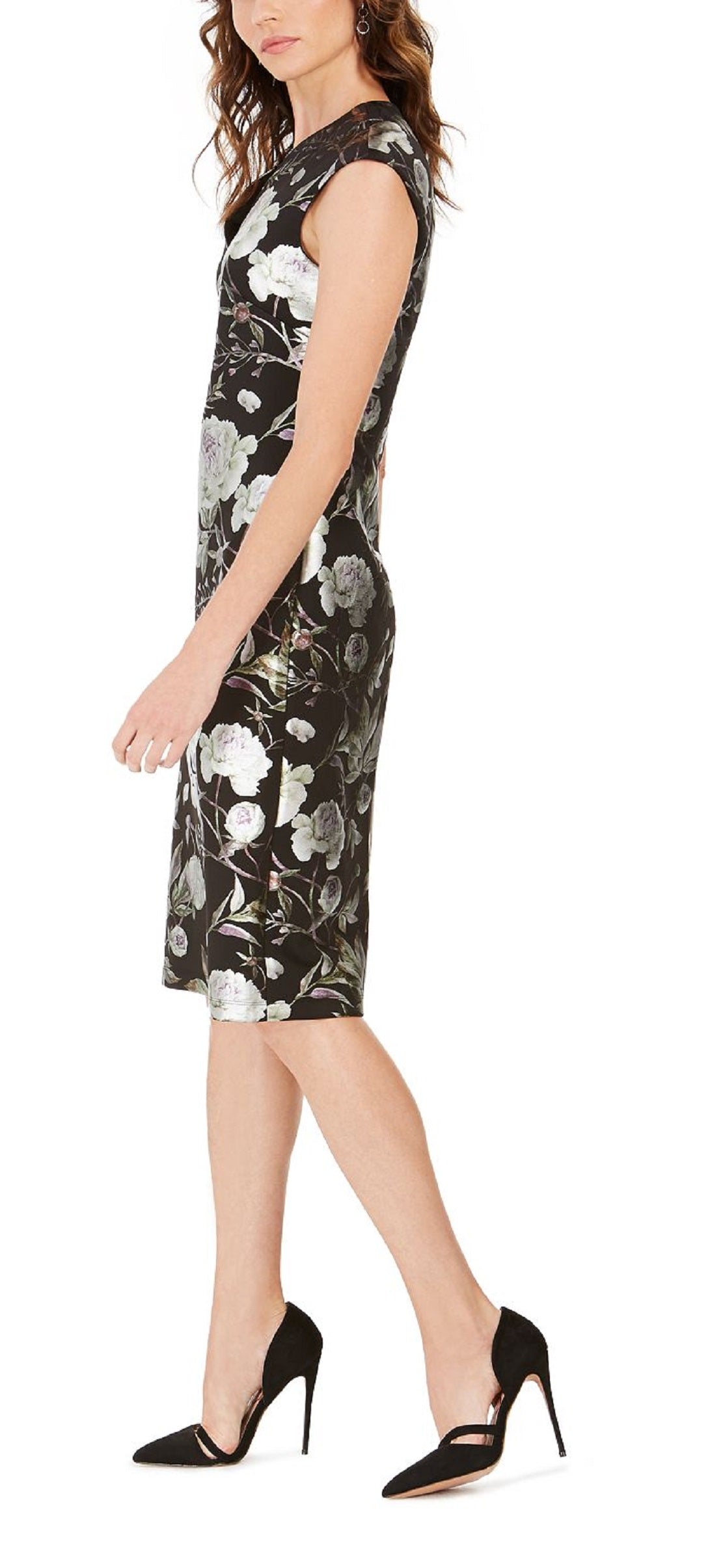 Vestido tubinho feminino com estampa floral metálica e manga curta, preto, tamanho 16, da Connected