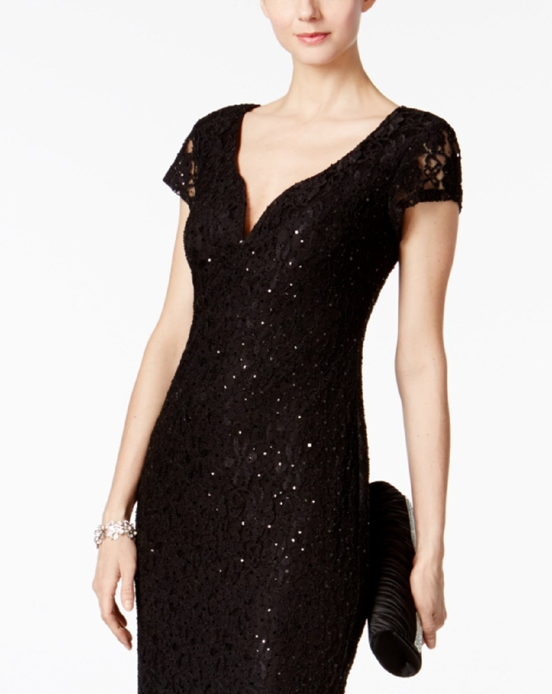 Vestido coluna de renda com lantejoulas conectado para mulheres, preto, tamanho 4
