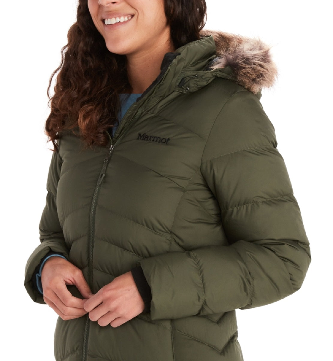 Casaco feminino Marmot Montreal com capuz e acabamento em pele sintética, verde, tamanho pequeno