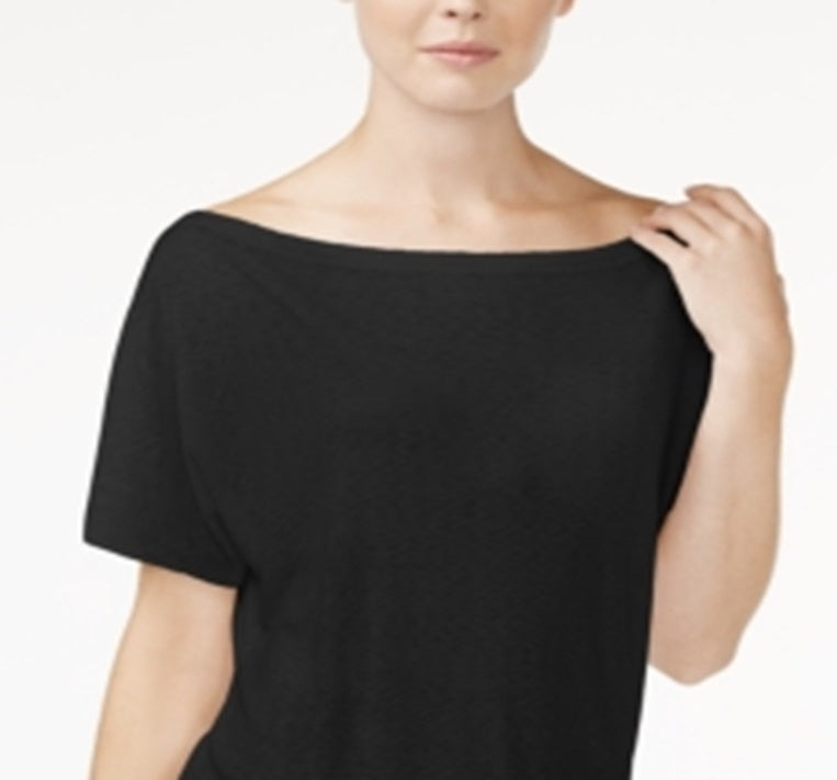 Camiseta feminina Rachel Roy com decote canoa franzido, preta, tamanho extragrande