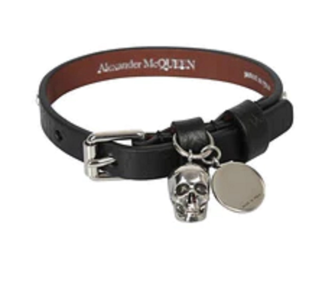 Pulseira masculina Alexander Mcqueen de couro com relevo e caveira dupla, preta, tamanho regular