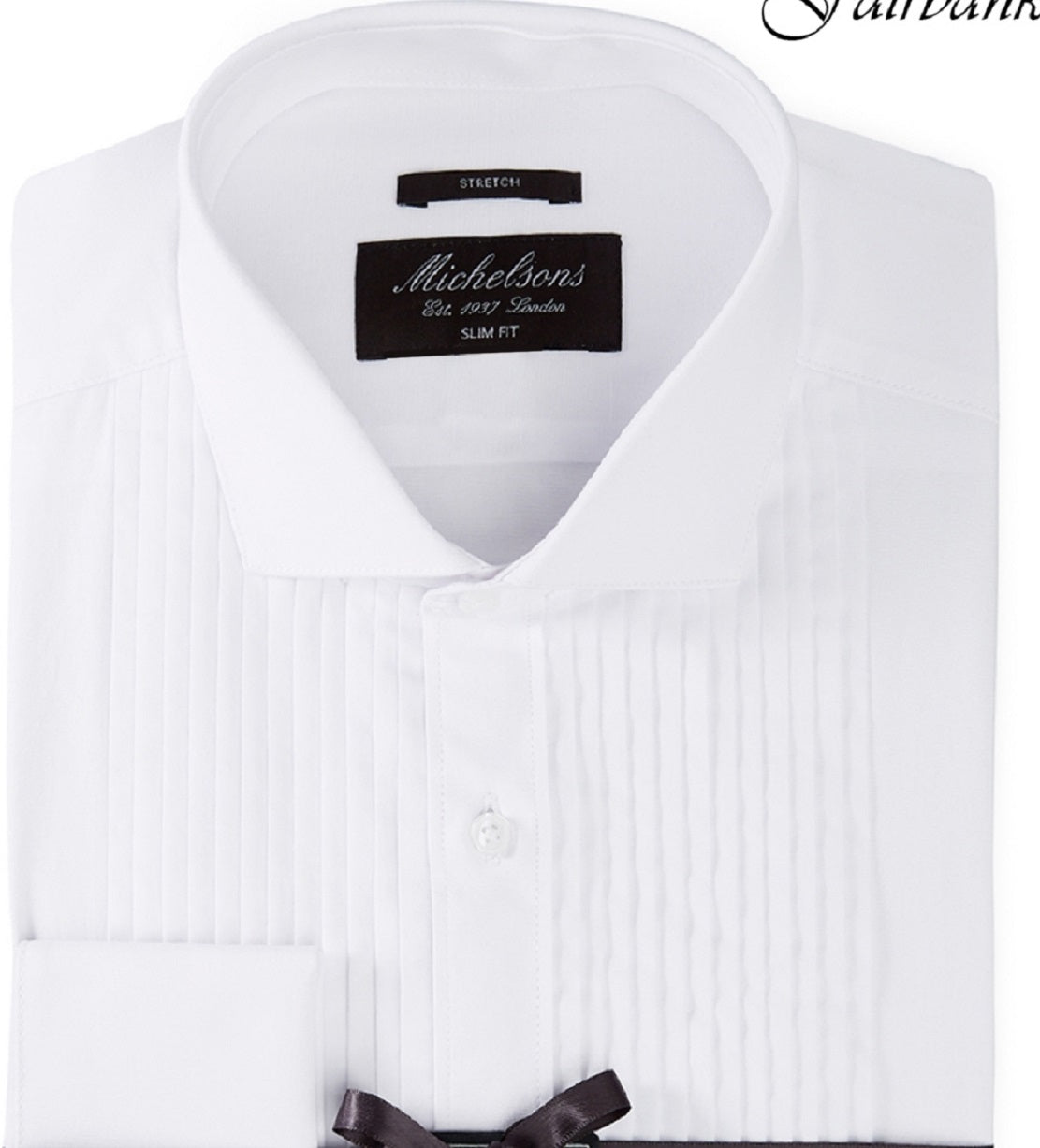 Camisa smoking masculina Michelsons Of London Slim Fit com babador elástico e punho francês, tamanho branco, 16x32x33