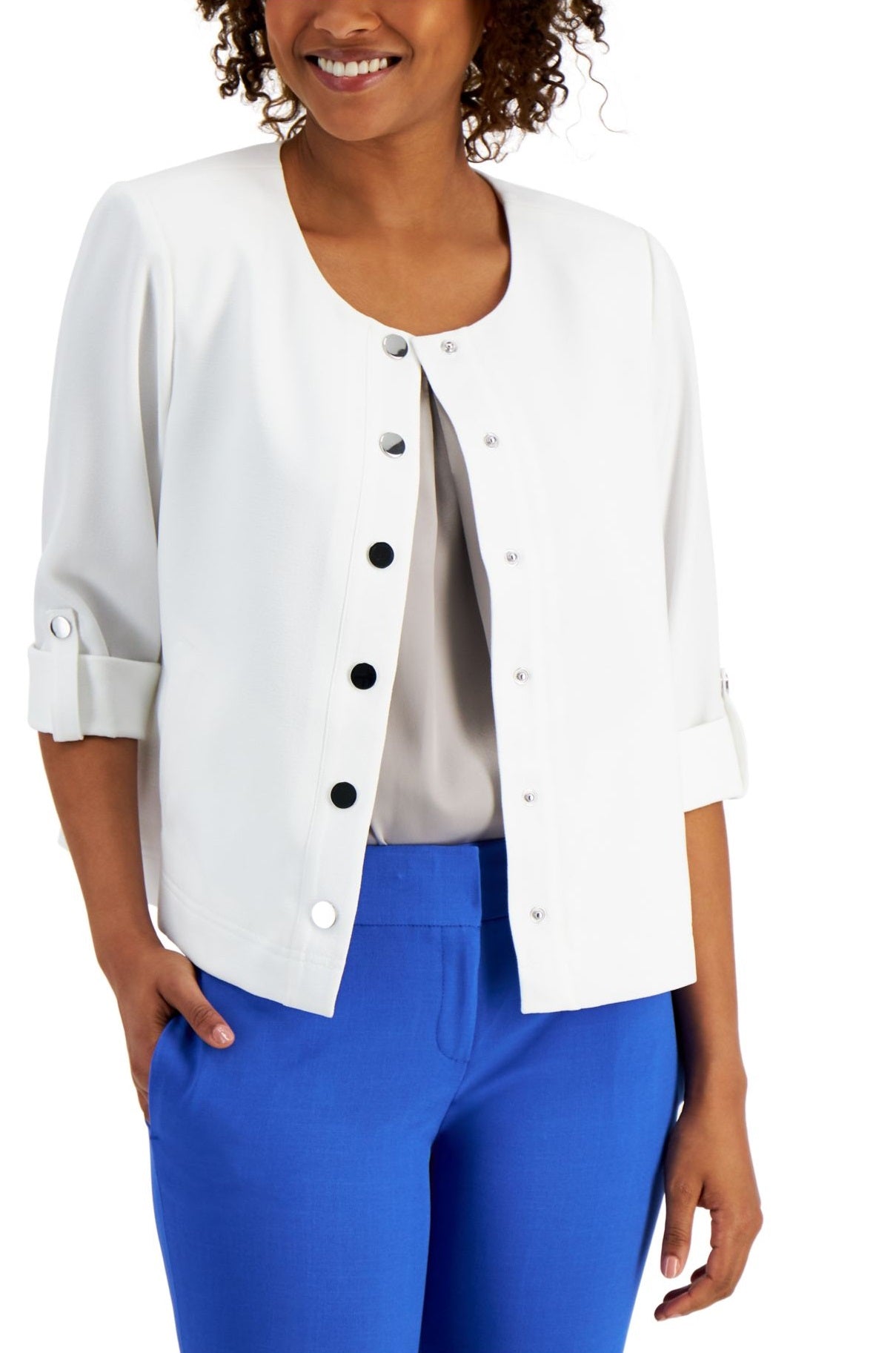 Jaqueta de crepe feminina Kasper com mangas enroladas, branca, tamanho pequeno