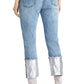 Calça jeans feminina Rachel Rachel Roy, reta, metálica, cintura alta, punho, azul brilhante, tamanho 24