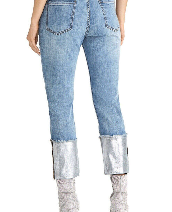 Calça jeans feminina Rachel Rachel Roy, reta, metálica, cintura alta, punho, azul brilhante, tamanho 24