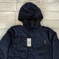 Casaco de inverno acolchoado com capuz e penas para clima frio Barganbin feminino, tamanho grande, azul