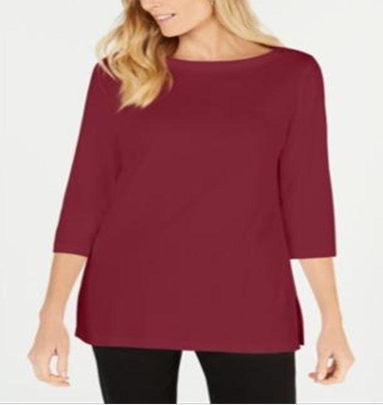 Karen Scott Blusa de malha feminina de algodão com decote canoa e manga 3/4, vermelha, tamanho GG