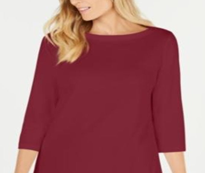 Karen Scott Blusa de malha feminina de algodão com decote canoa e manga 3/4, vermelha, tamanho GG