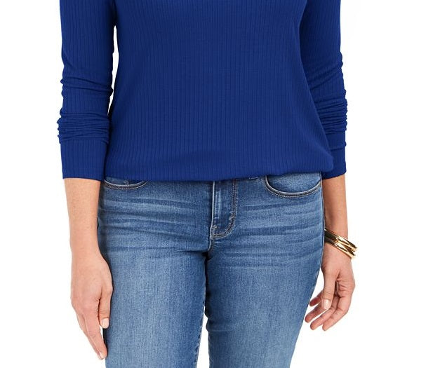 Blusa feminina Charter Club com gola alta canelada mesclada, azul, tamanho extragrande