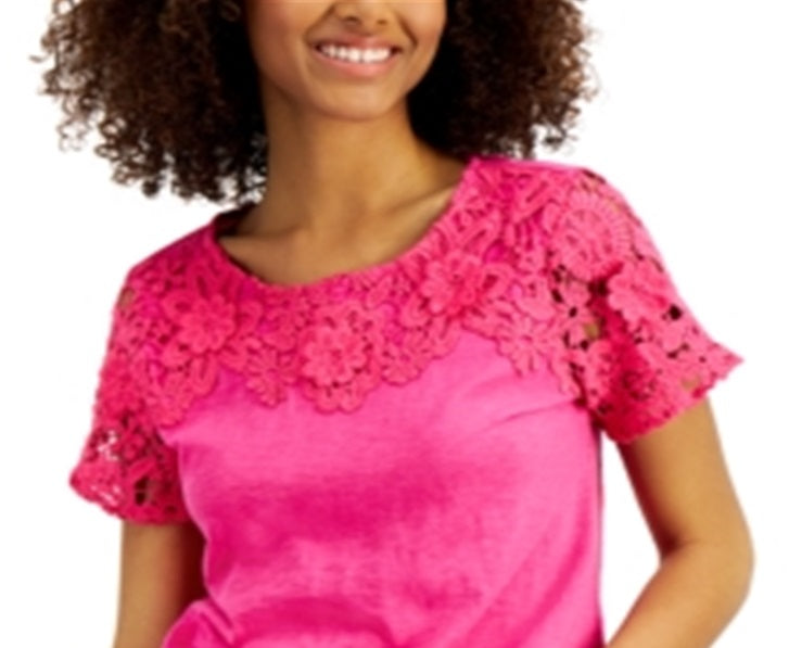 Camiseta feminina Charter Club de algodão com renda e detalhes embelezados, rosa, tamanho médio