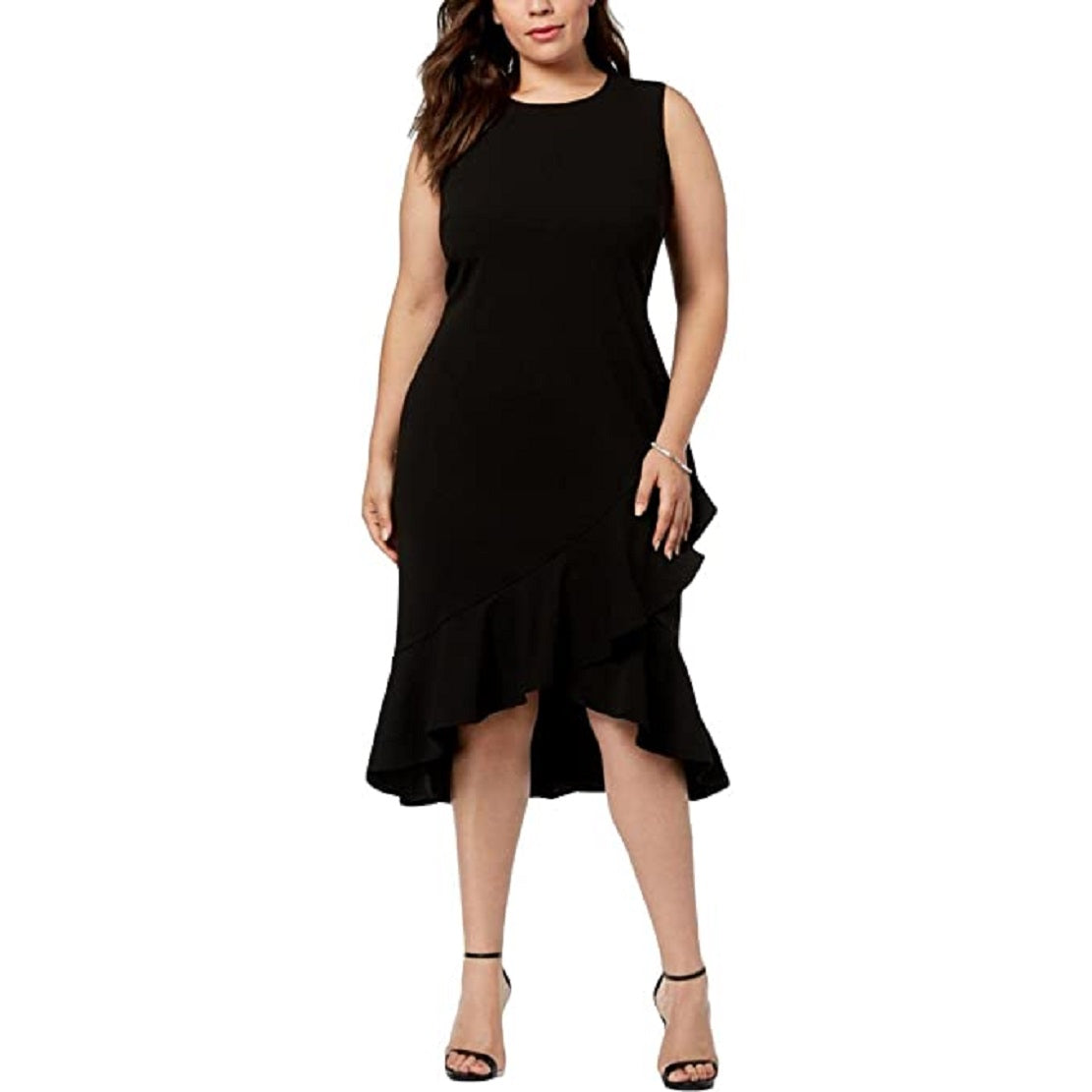 Vestido midi alto e baixo com babados Calvin Klein feminino, preto, tamanho 20W