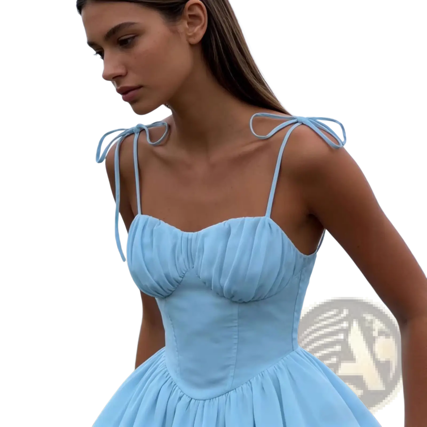 Sky Blue Ruched Corset Mini Dress with Tie Straps