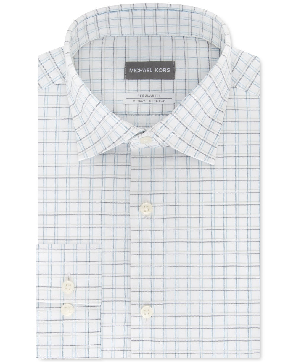 Camisa social masculina Michael Kors Classic/Regular Fit, sem passar a ferro, com estampa xadrez elástica, tamanho 32-33, azul
