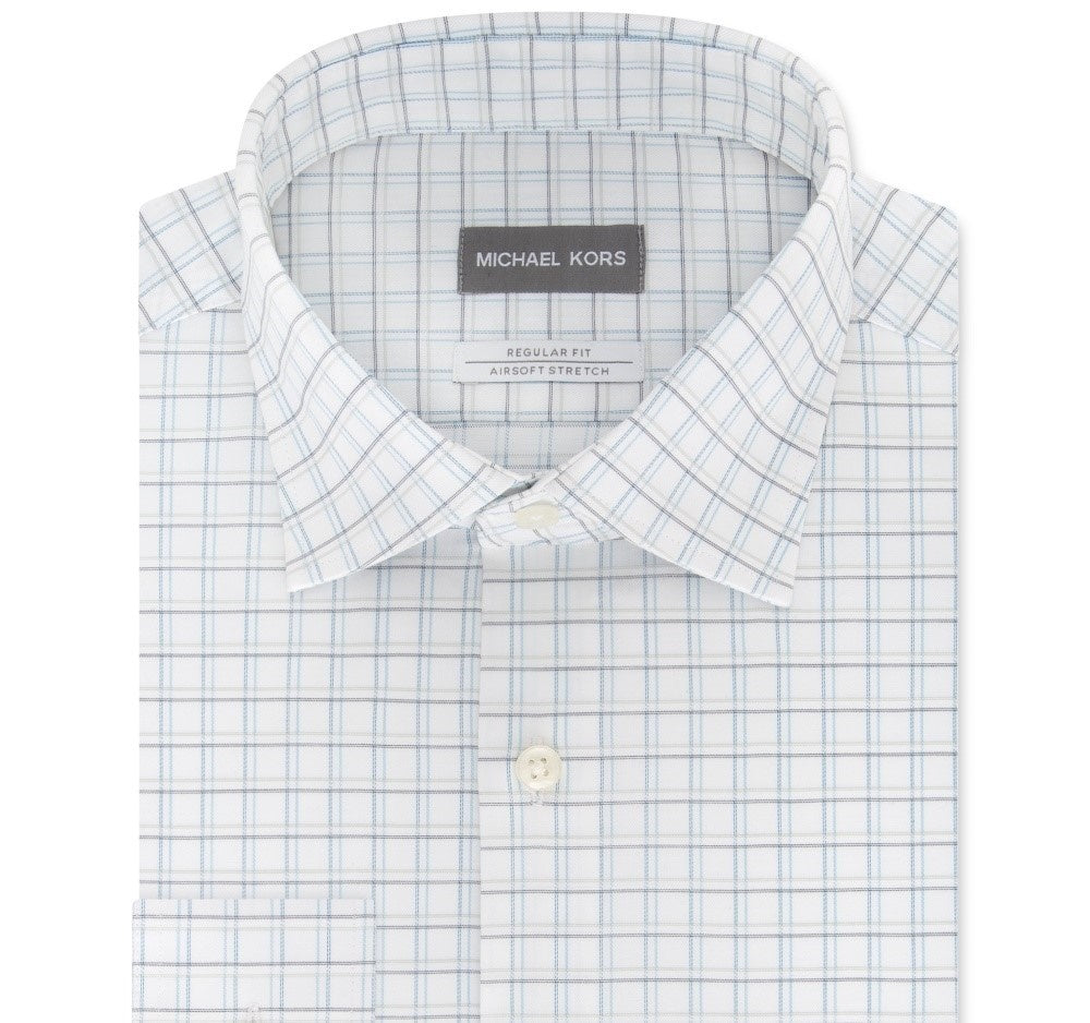 Camisa social masculina Michael Kors Classic/Regular Fit, sem passar a ferro, com estampa xadrez elástica, tamanho 32-33, azul
