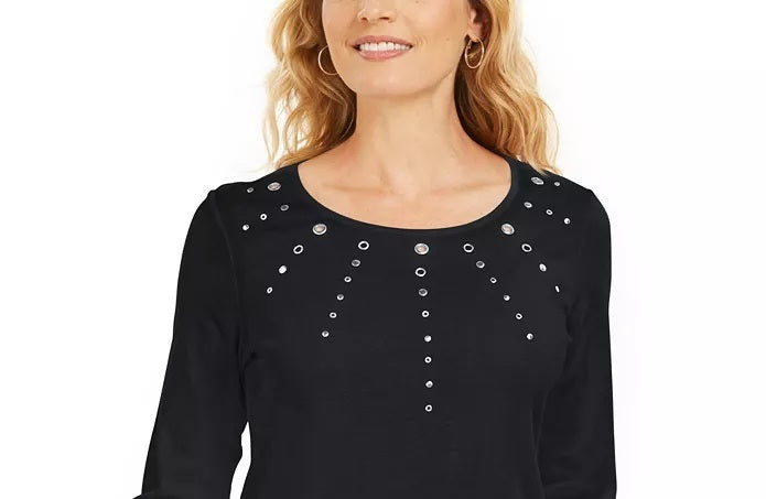 Karen Scott Top Feminino Petite Algodão com Ilhós e Ferragens Preto Tamanho Petite S