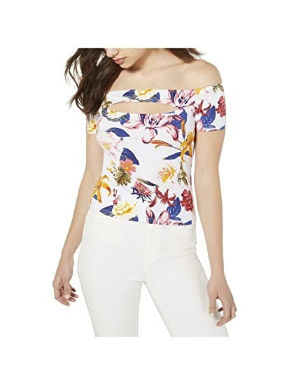 Blusa feminina Guess com estampa floral e ombros de fora, branca, tamanho X-S