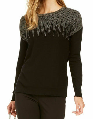 Suéter Alfani Feminino com Detalhe Metálico e Bainha Ventilada, Preto, Tamanho P