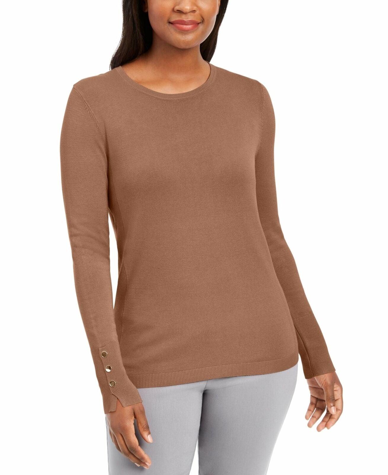 Suéter feminino JM Collection com gola redonda e punhos abotoados, marrom, tamanho médio