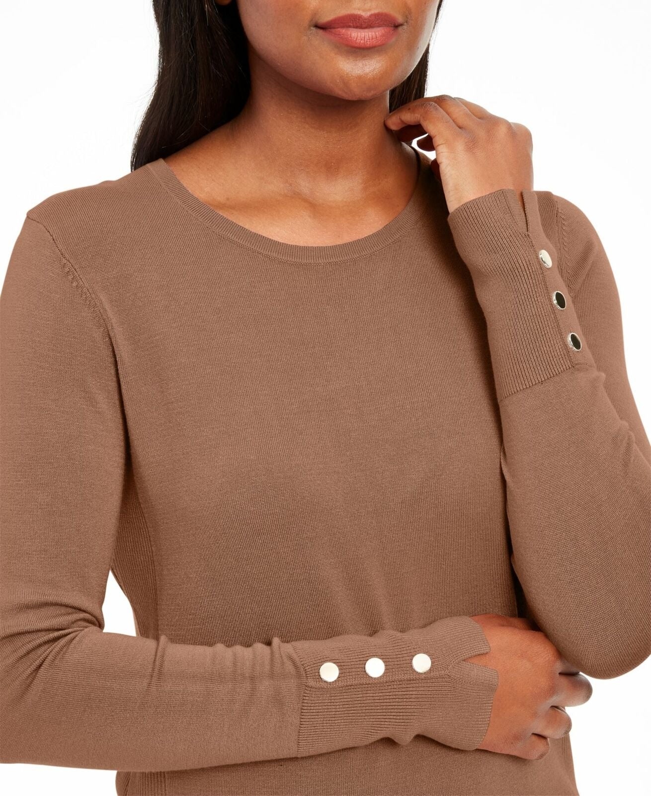 Suéter feminino JM Collection com gola redonda e punhos abotoados, marrom, tamanho médio