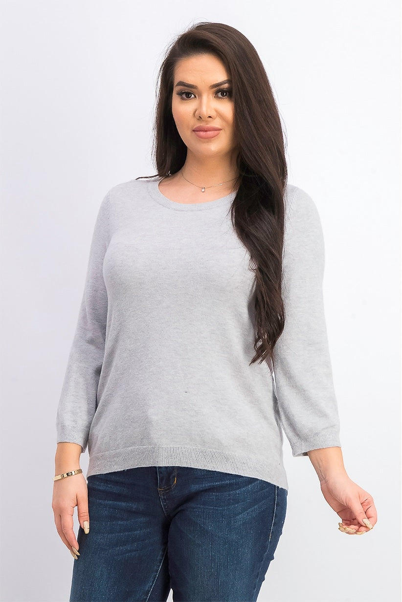 Suéter feminino Maison Jules com gola redonda e manga 3/4, cinza, tamanho pequeno