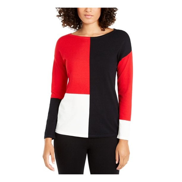 Camisa feminina Alfani listrada com blocos de cores, vermelha, tamanho médio