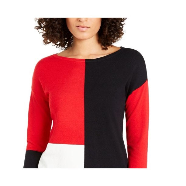 Camisa feminina Alfani listrada com blocos de cores, vermelha, tamanho médio