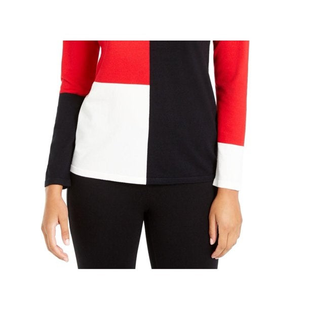 Camisa feminina Alfani listrada com blocos de cores, vermelha, tamanho médio