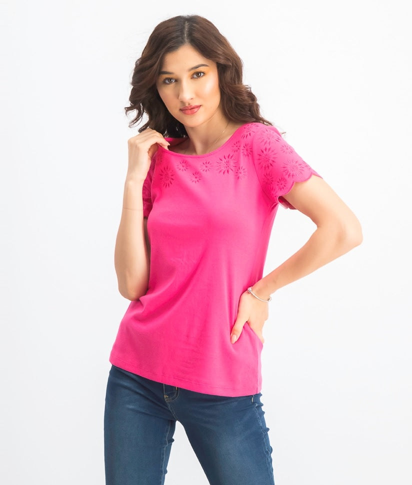 Karen Scott Top feminino de algodão com acabamento bordado, tamanho P/M, rosa
