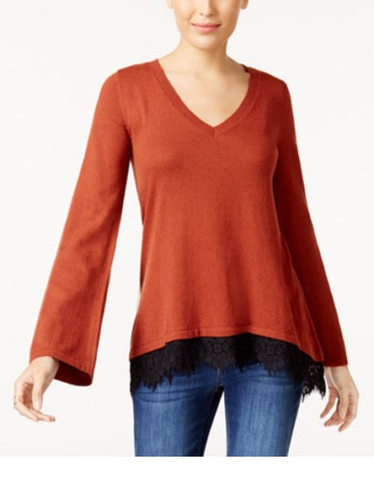 Suéter feminino pequeno com cadarço e acabamento em chevron, estilo &amp; co, laranja, tamanho P