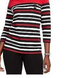 Karen Scott Top Listrado Feminino Petite Embelezado Vermelho Vários Tamanhos PS