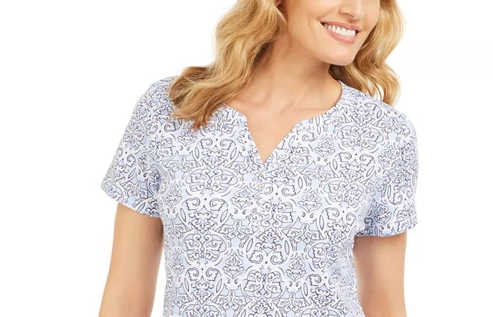 Karen Scott Blusa Henley Feminina Estampada Manga Curta Bege Tamanho Médio