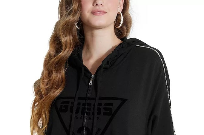 Guess Moletom com capuz feminino Mica com zíper, preto, tamanho extragrande