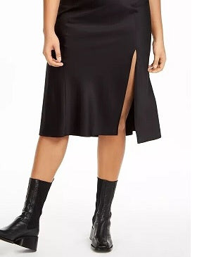 Saia trapézio com fenda lisa abaixo do joelho feminina Danielle Bernstein, preta, tamanho extrapequeno