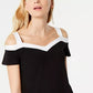 INC International Concepts Top feminino pequeno com acabamento contrastante e ombros descobertos, preto, tamanho pequeno S