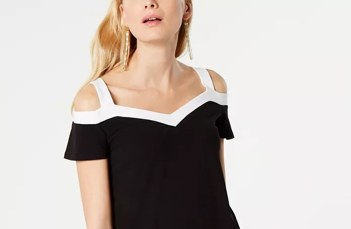 INC International Concepts Top feminino pequeno com acabamento contrastante e ombros descobertos, preto, tamanho pequeno S