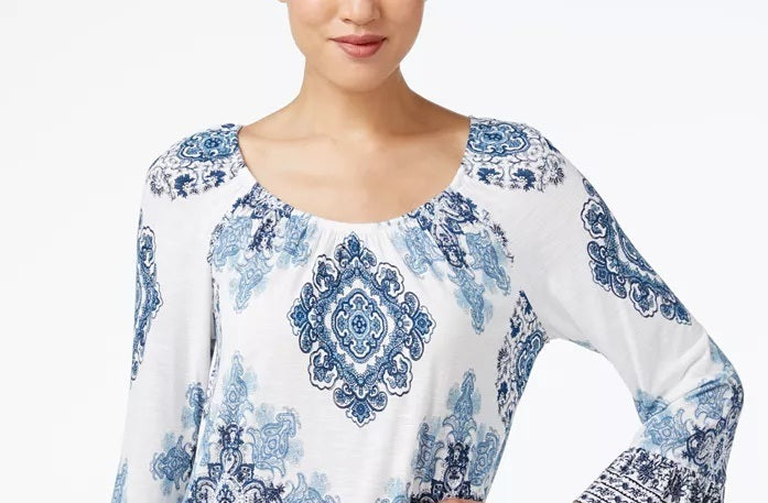 Blusa feminina com babados estilo camponês INC International Concepts, branca, tamanho pequeno