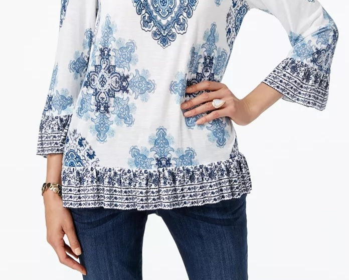 Blusa feminina com babados estilo camponês INC International Concepts, branca, tamanho pequeno