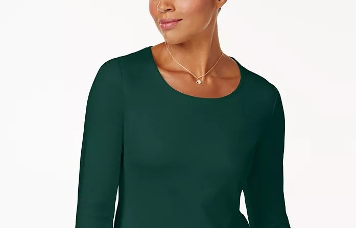 Karen Scott Top feminino de algodão com decote redondo, tamanho pequeno, verde, tamanho pequeno, L