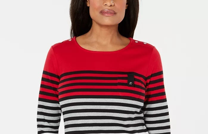 Karen Scott Top Listrado Feminino Petite Colorblocked Vermelho Brilhante Tamanho Petite XL