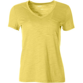 Camiseta feminina pequena com decote em V e bolso, tamanho PS, amarela, estilo &amp; co