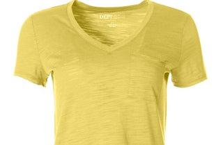 Camiseta feminina pequena com decote em V e bolso, tamanho PS, amarela, estilo &amp; co