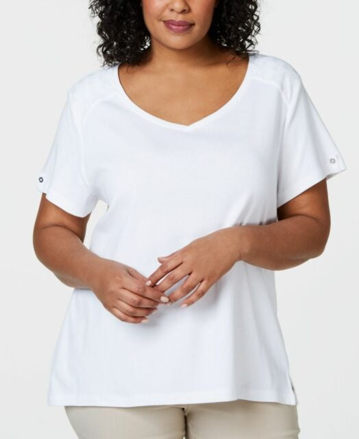 Camiseta feminina Karen Scott de algodão com acabamento em crochê, branca, tamanho médio