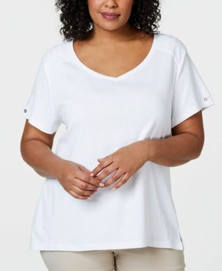 Camiseta feminina Karen Scott de algodão com acabamento em crochê, branca, tamanho médio