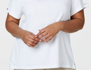 Camiseta feminina Karen Scott de algodão com acabamento em crochê, branca, tamanho médio