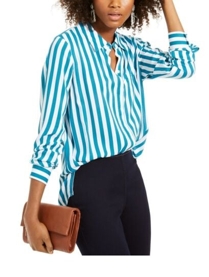 Camisa listrada feminina INC International Concepts, verde/branca, tamanho grande