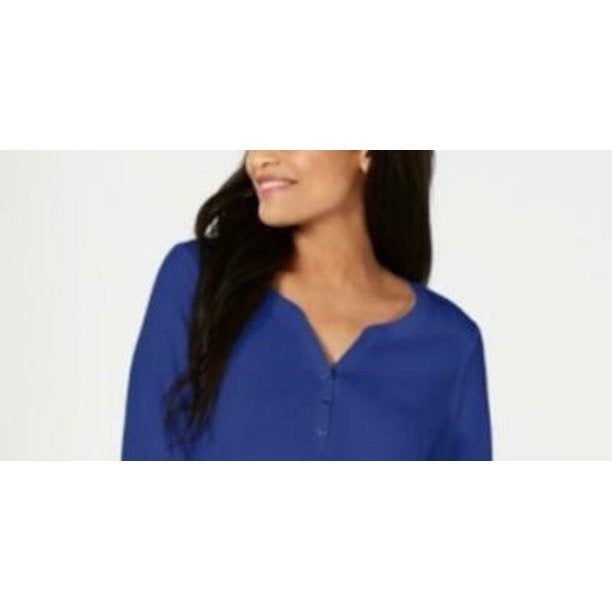 Camisa Henley de algodão pequena feminina Karen Scott, azul, tamanho PXL