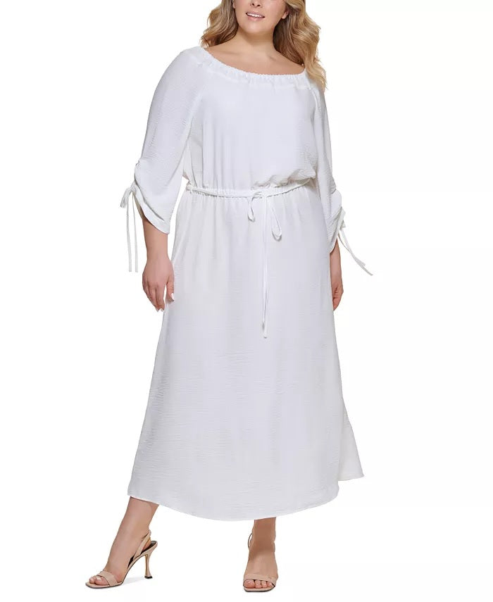 Vestido Calvin Klein Plus Size Feminino de Crepe com Ombros à Ombro Branco Tamanho 14W