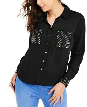 Camisa feminina com tachas Thalia Sodi, preta, tamanho médio